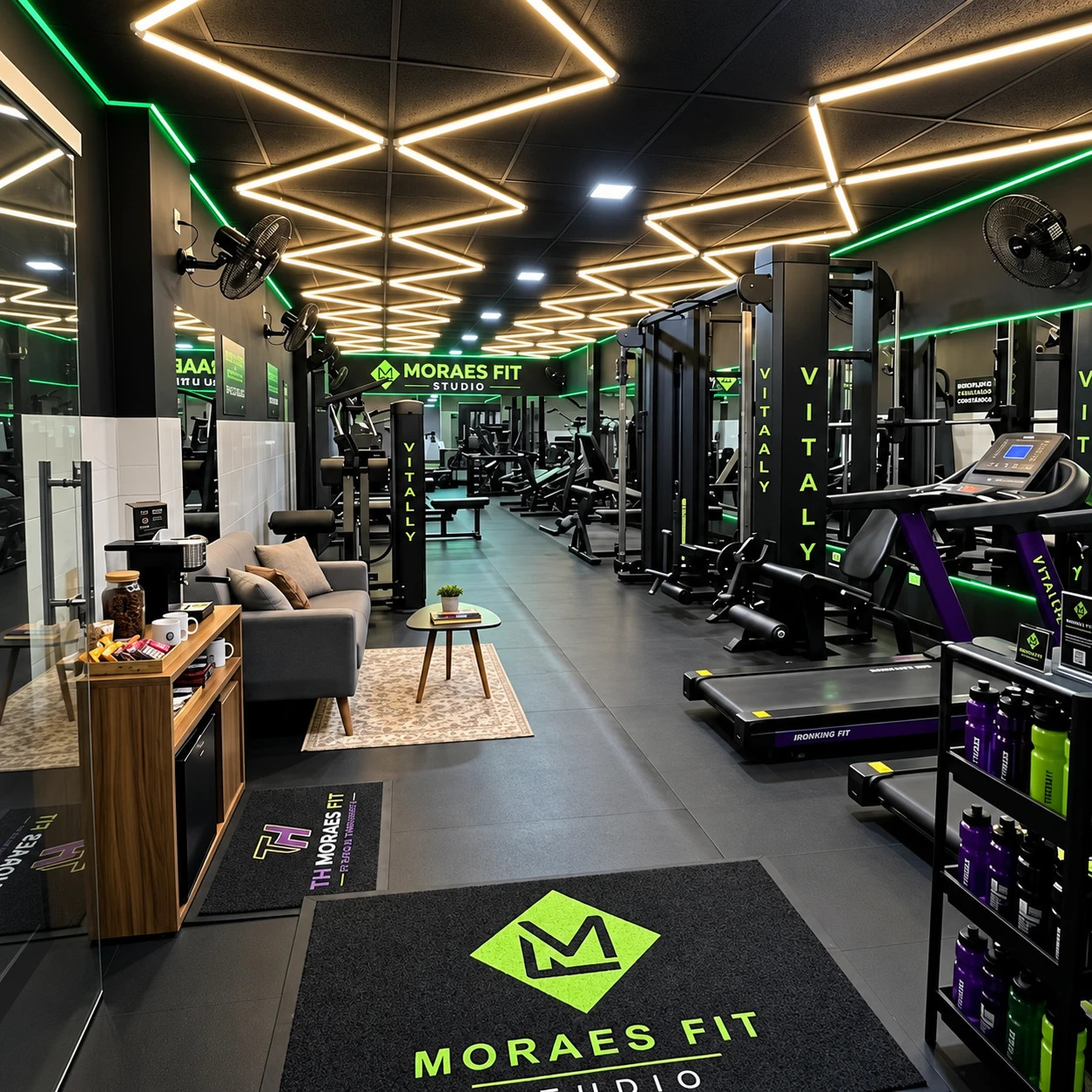 Espaço do Studio Moraes Fit: aparelhos Vitally, iluminação em linhas no teto e recepção com sofá