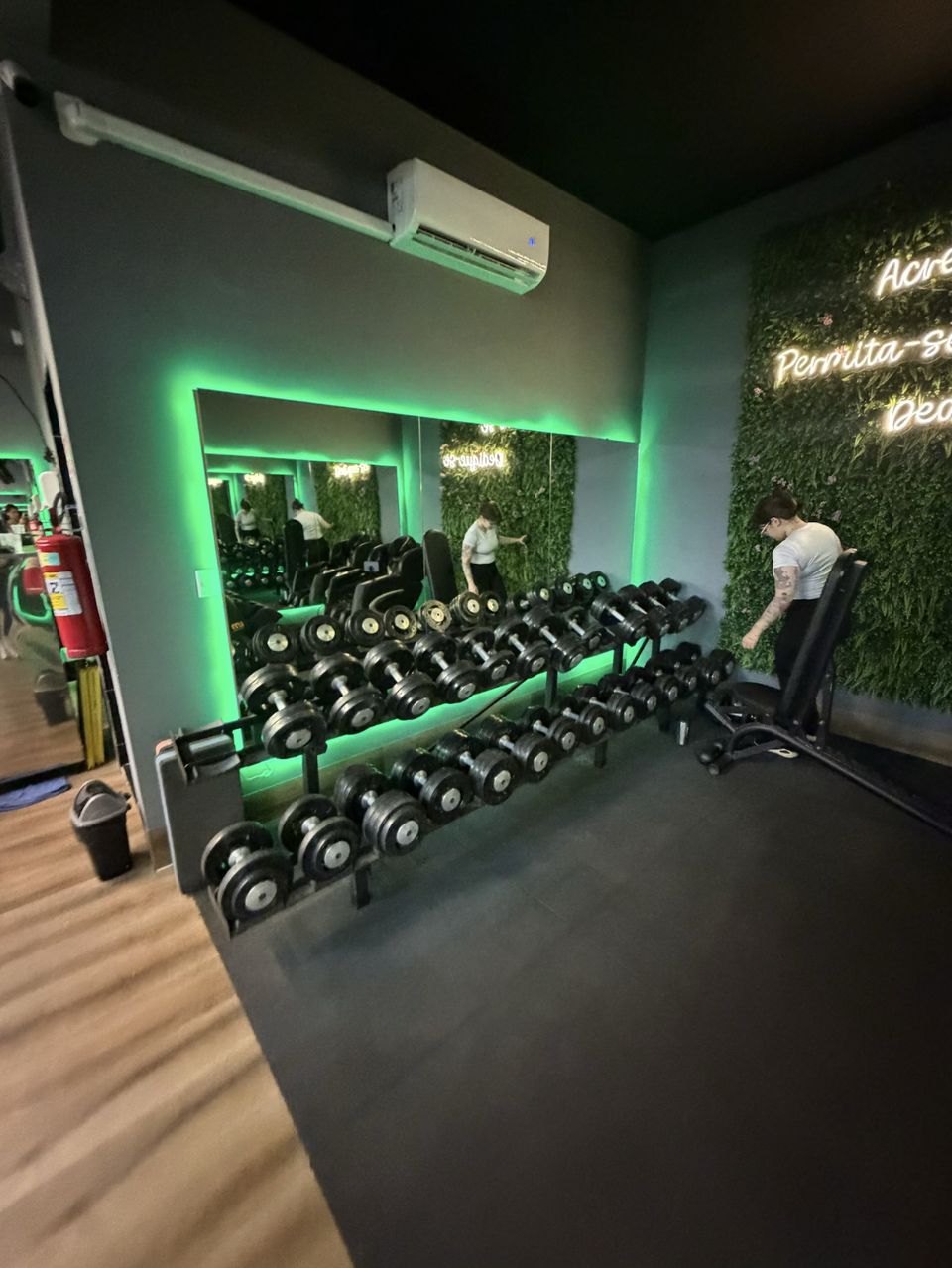 Suporte de halteres com luz verde no espelho e a parede de plantas com neon